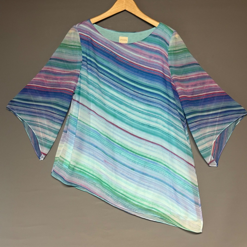 Chico's Womens Sz 1 Petite Multi Color Stripe Asymmetric Sharkbite Blouse